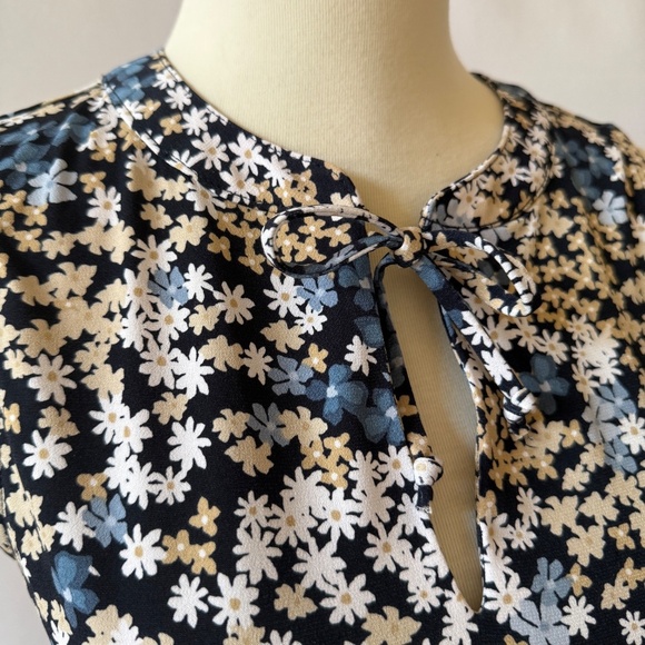 MICHAEL KORS DRESS TIE NECK JERSEY STRETCH BLACK WHITE DITZY FLORAL RUFFLE XS - Picture 6 of 12